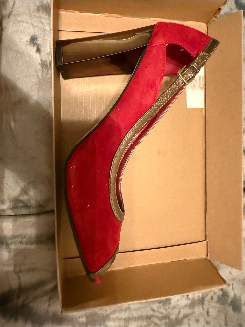 Cole Haan Red Suede Peep-Toe Pump with Metallic Trim - Picture 2 of 3